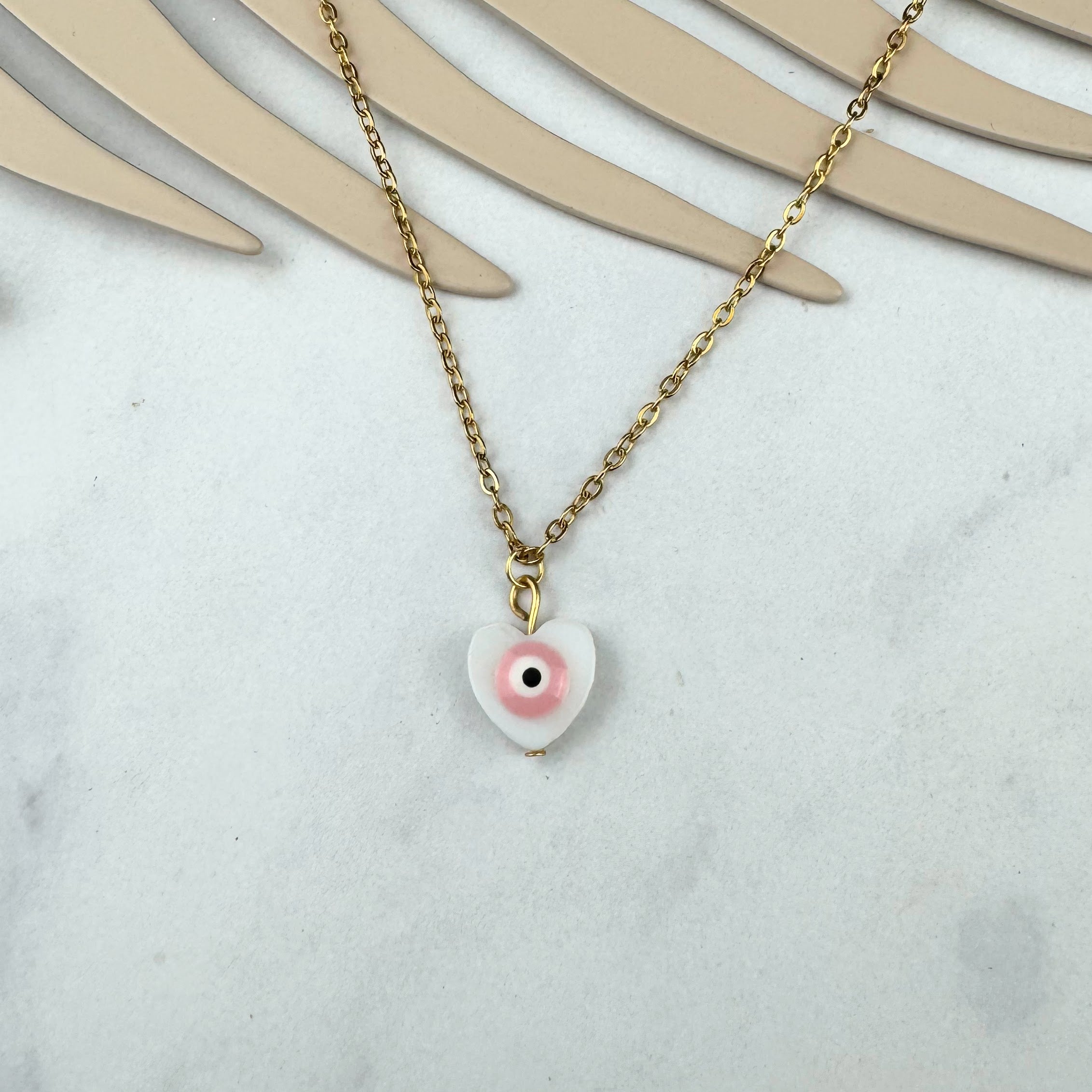 Collar Acero Inoxiable Corazon con Ojito Rosa