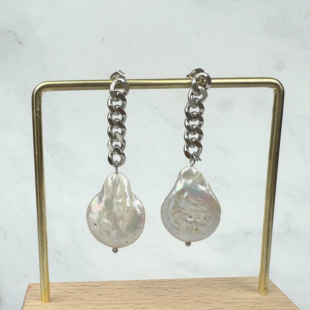 Aretes Acero Inoxidable Perla Barroca en Eslabon
