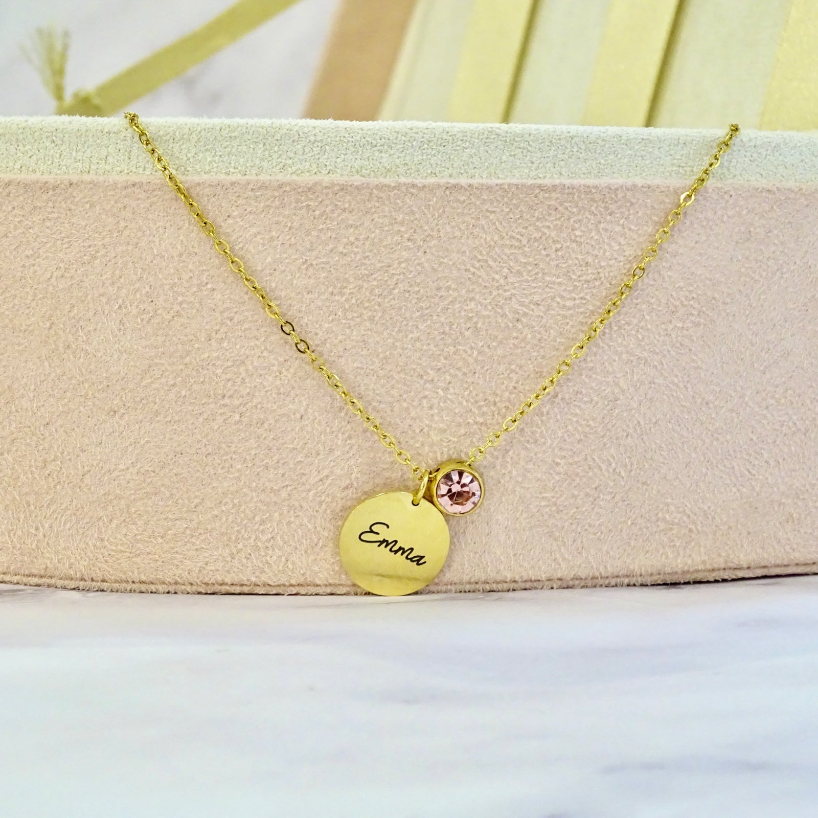 Collar Acero Inoxidable Medalla Grande con Birthstone Transversal Personalizado