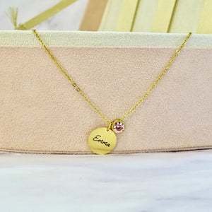 Collar Acero Inoxidable Medalla Grande con Birthstone Transversal Personalizado