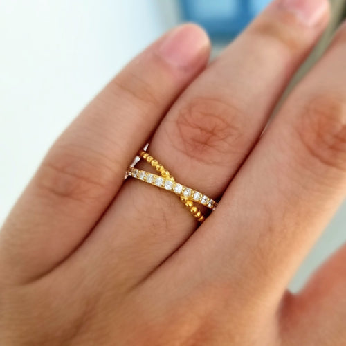 Anillo Dorado Plata .925 Chapado en Oro 2 Cruzado