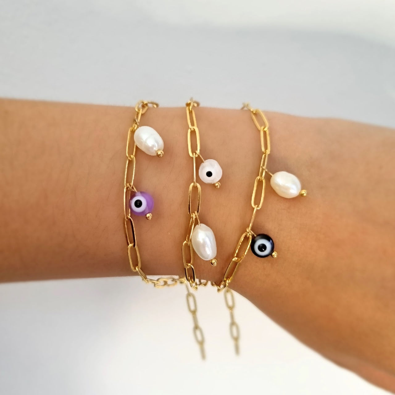 Pulsera Acero Inoxidable Perla y Ojito