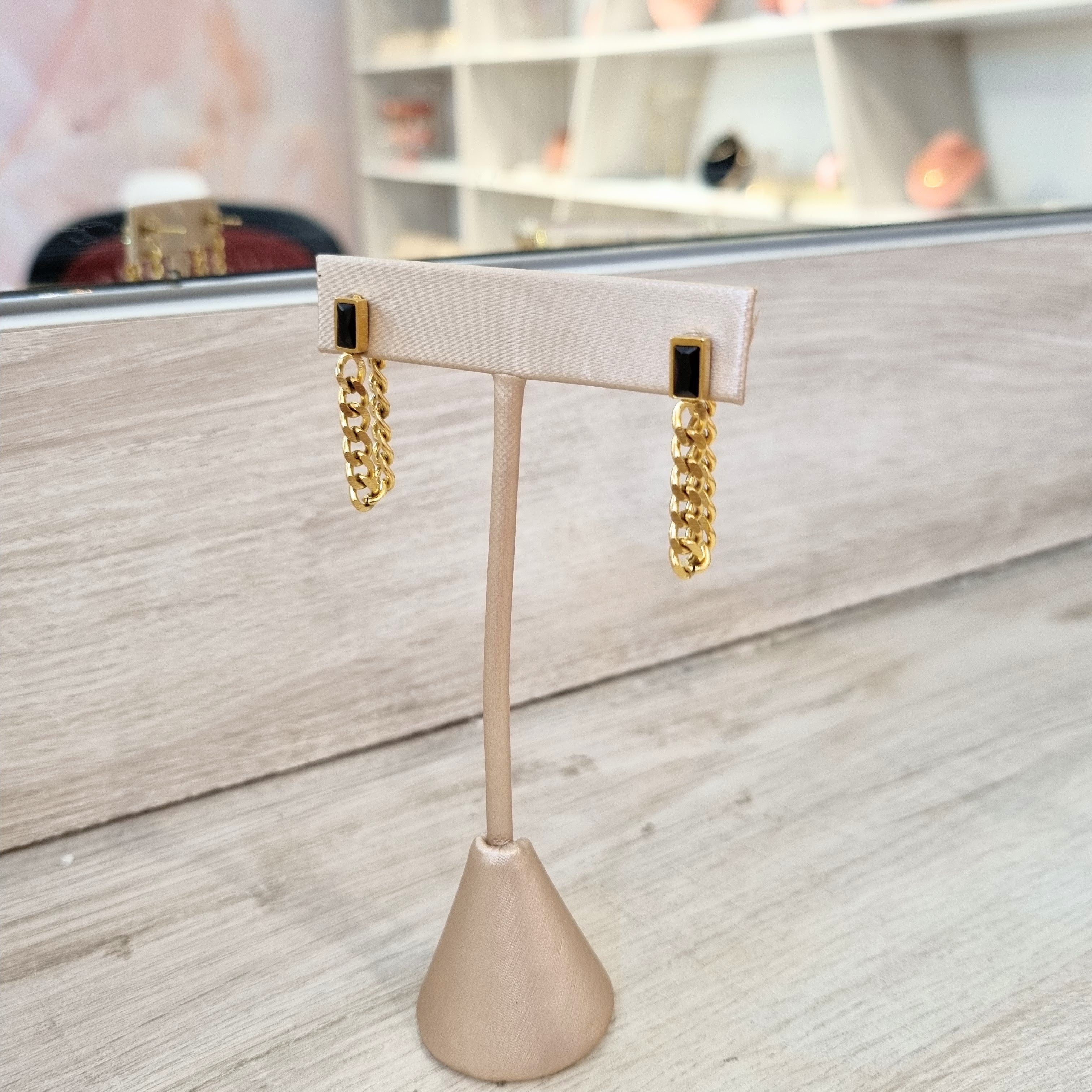 Aretes Acero Inoxidable Cadena con Negro