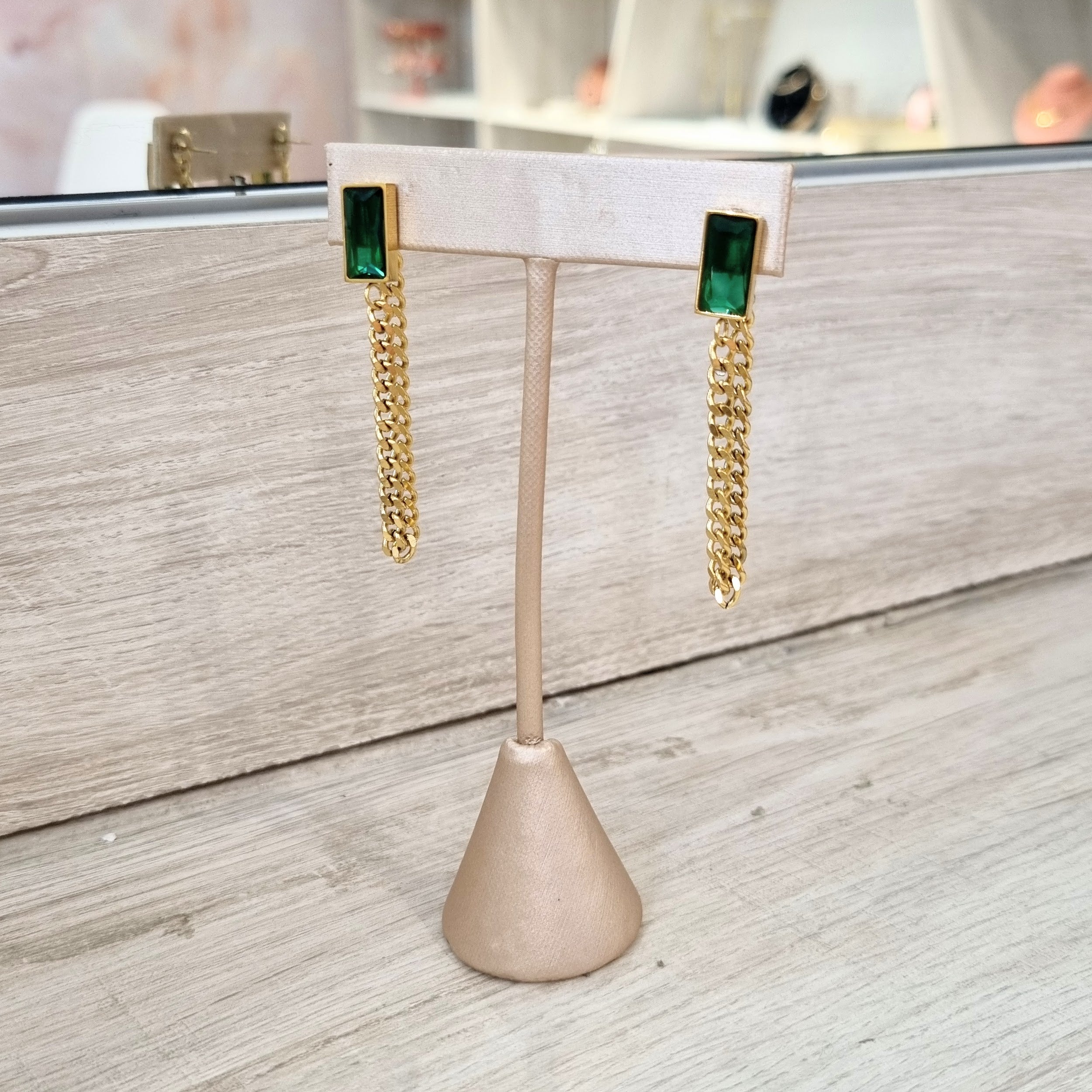 Aretes Acero Inoxidable Cadena Doble Verde