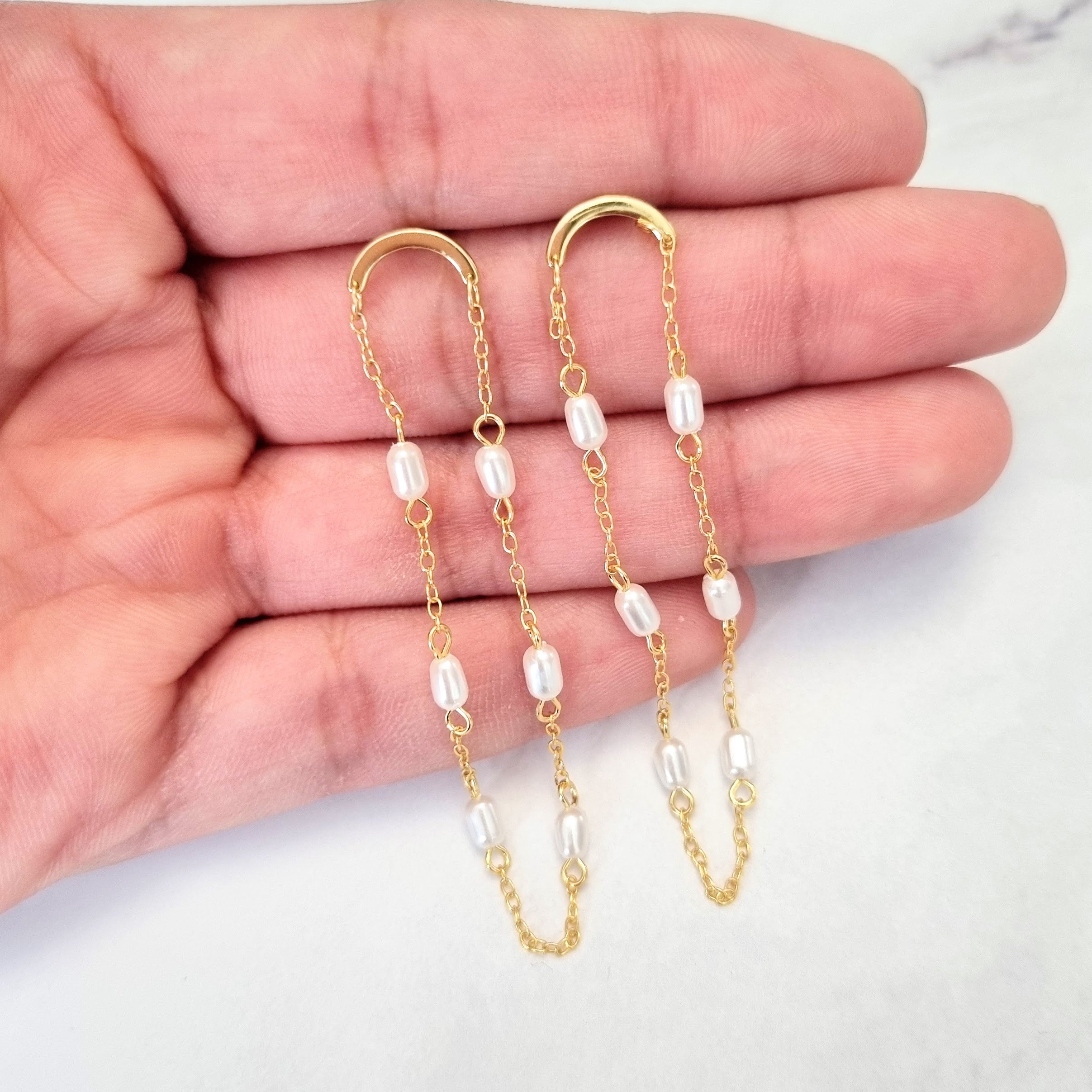 Aretes Plata .925 con Chapa de Oro Cadena y Perlas