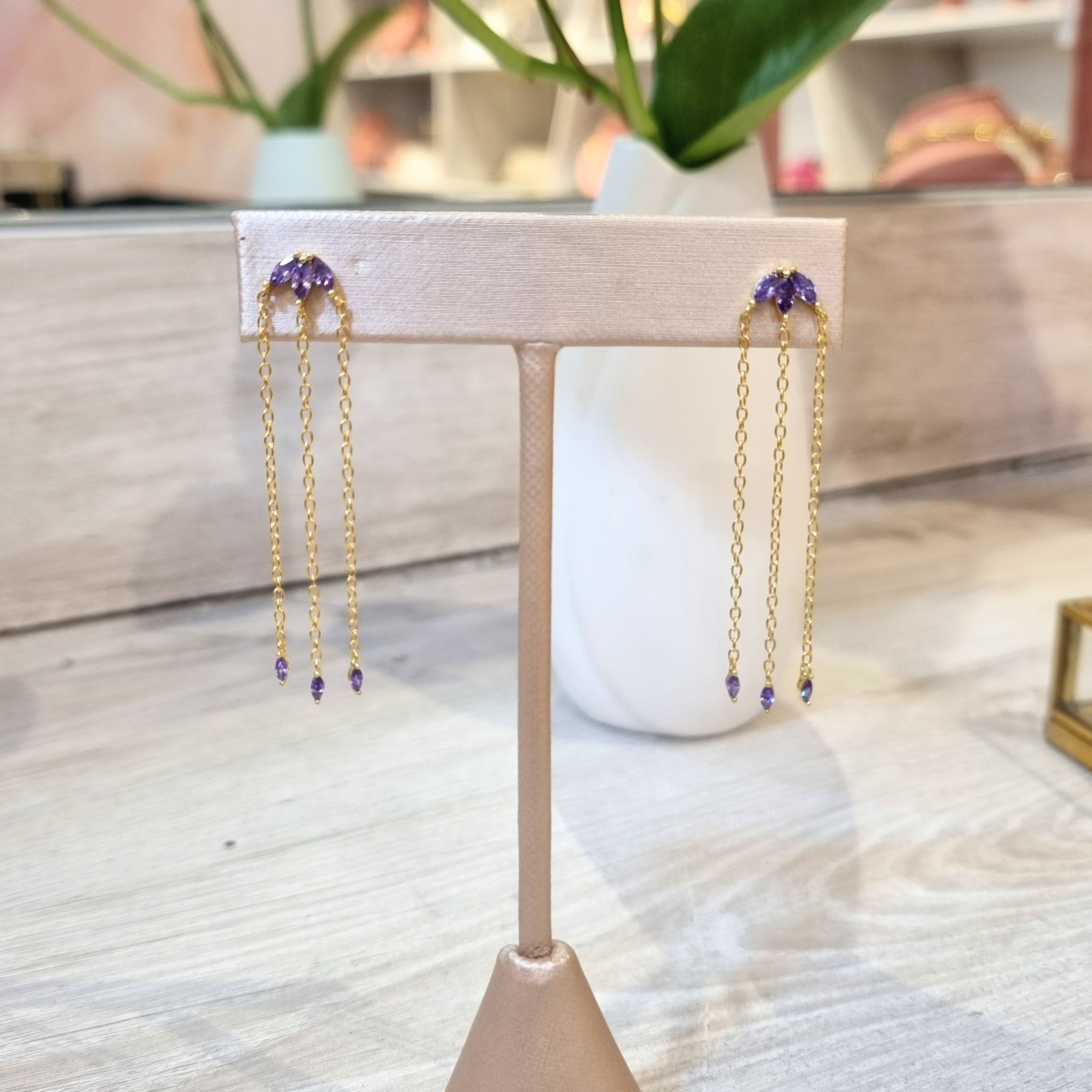 Aretes Plata 925 con Chapa de Oro Cadenas Lila