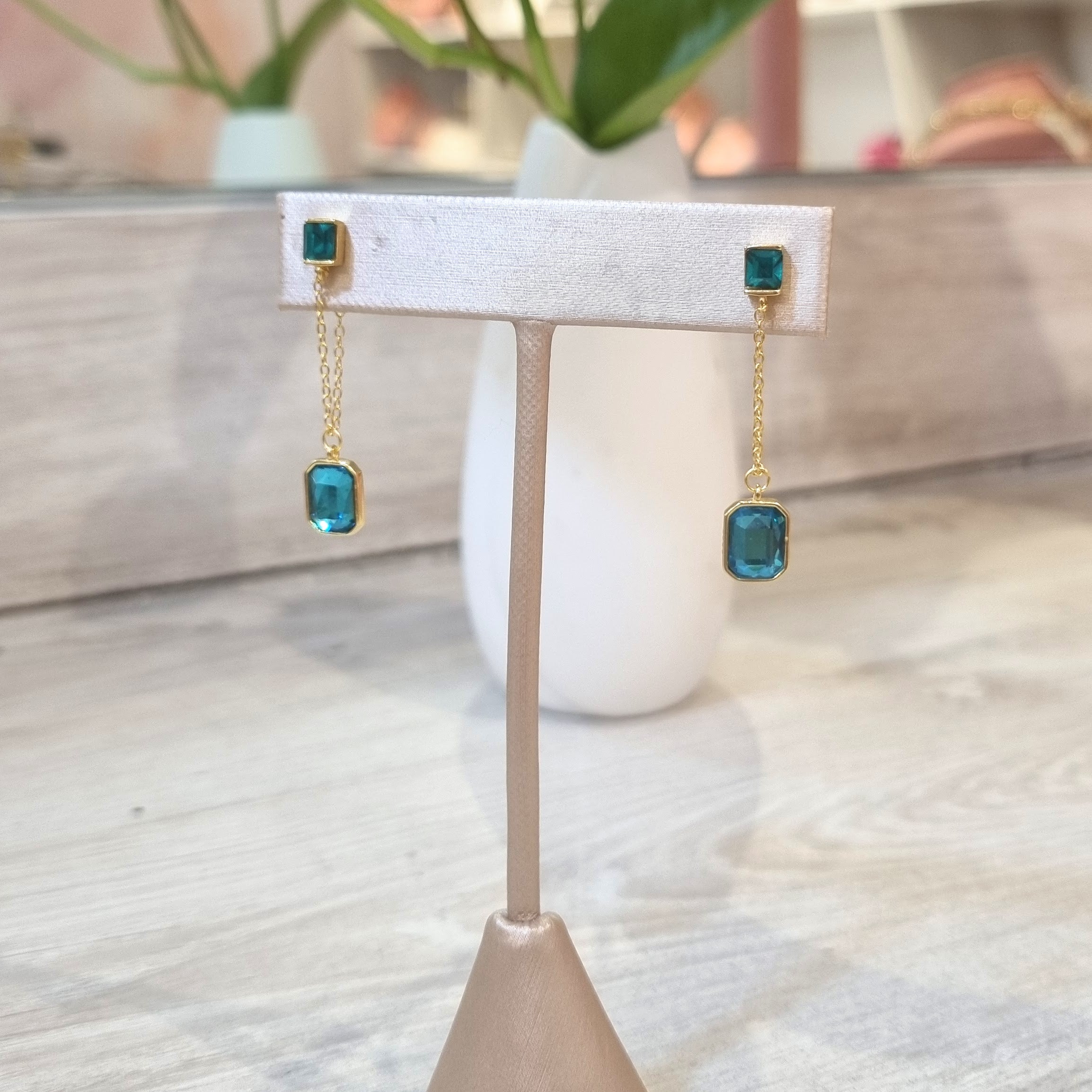 Aretes Plata 925 con Chapa de Oro Azul y Verde