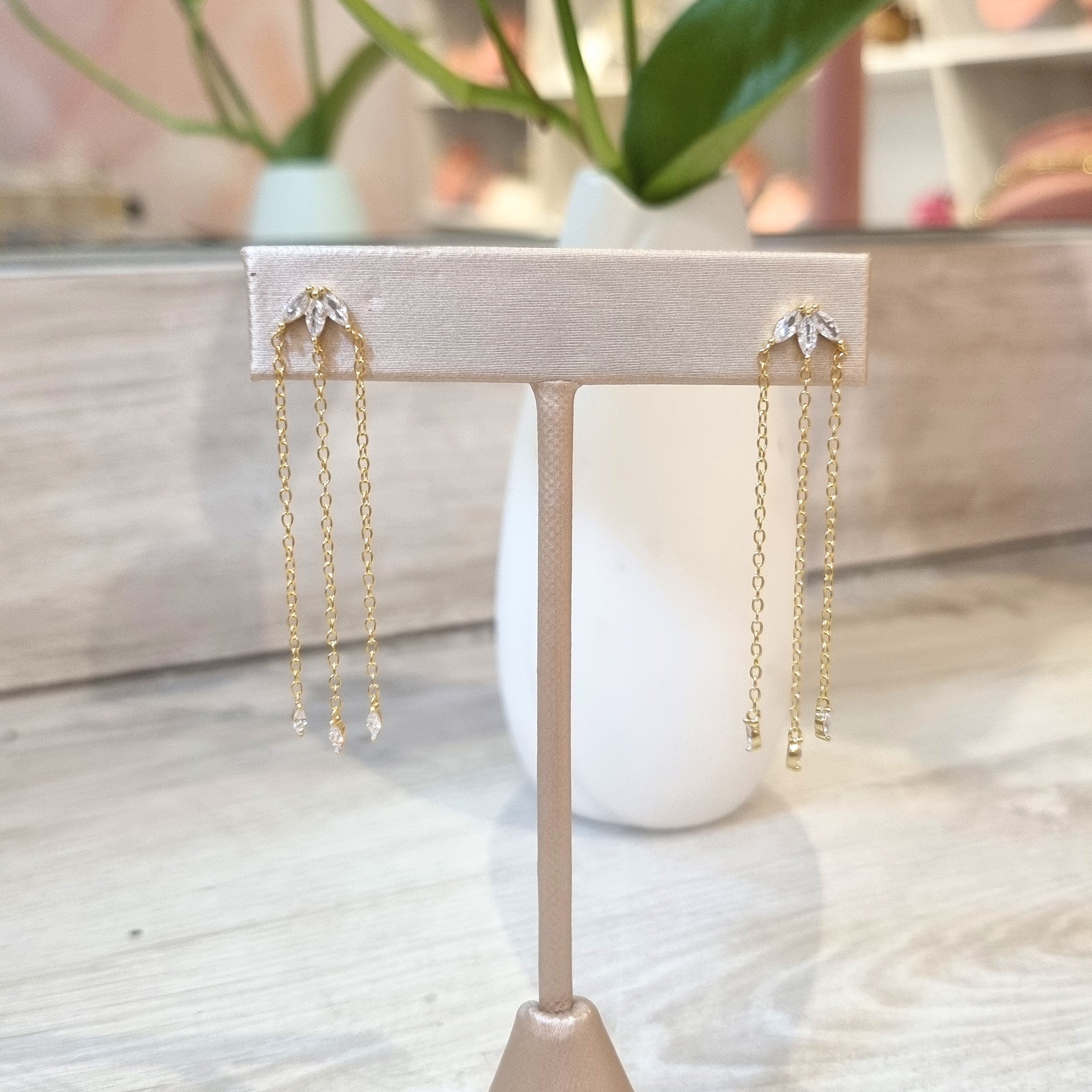 Aretes Plata 925 con Chapa de Oro Cadenas Transparente