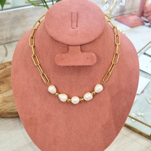 Collar Acero Inoxidable Eslabon con Perlas Grandes
