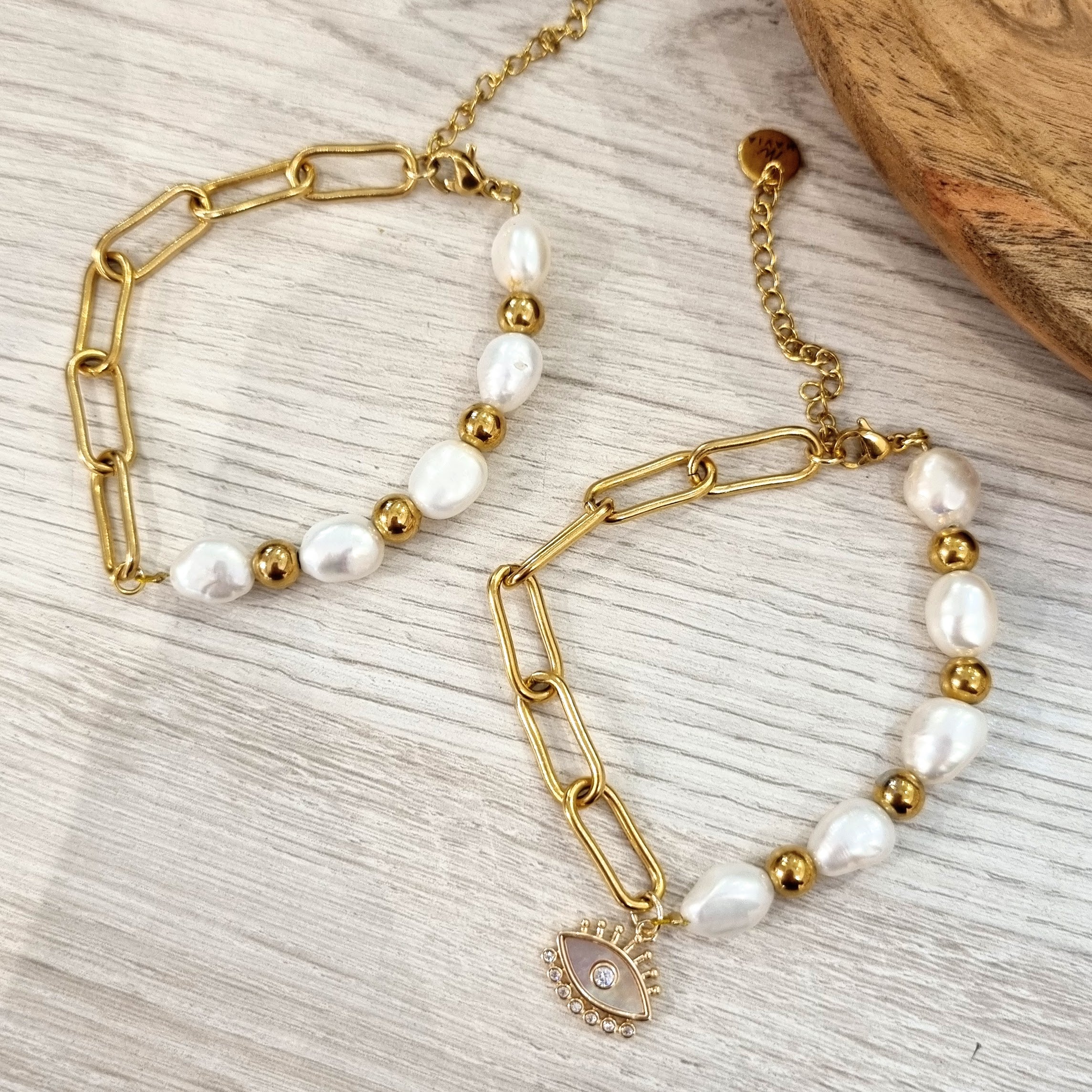 Pulsera Acero Inoxidable Perla y Eslabon