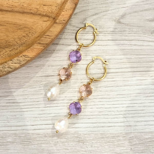 Aretes Chapa de Oro Lila con Rosa