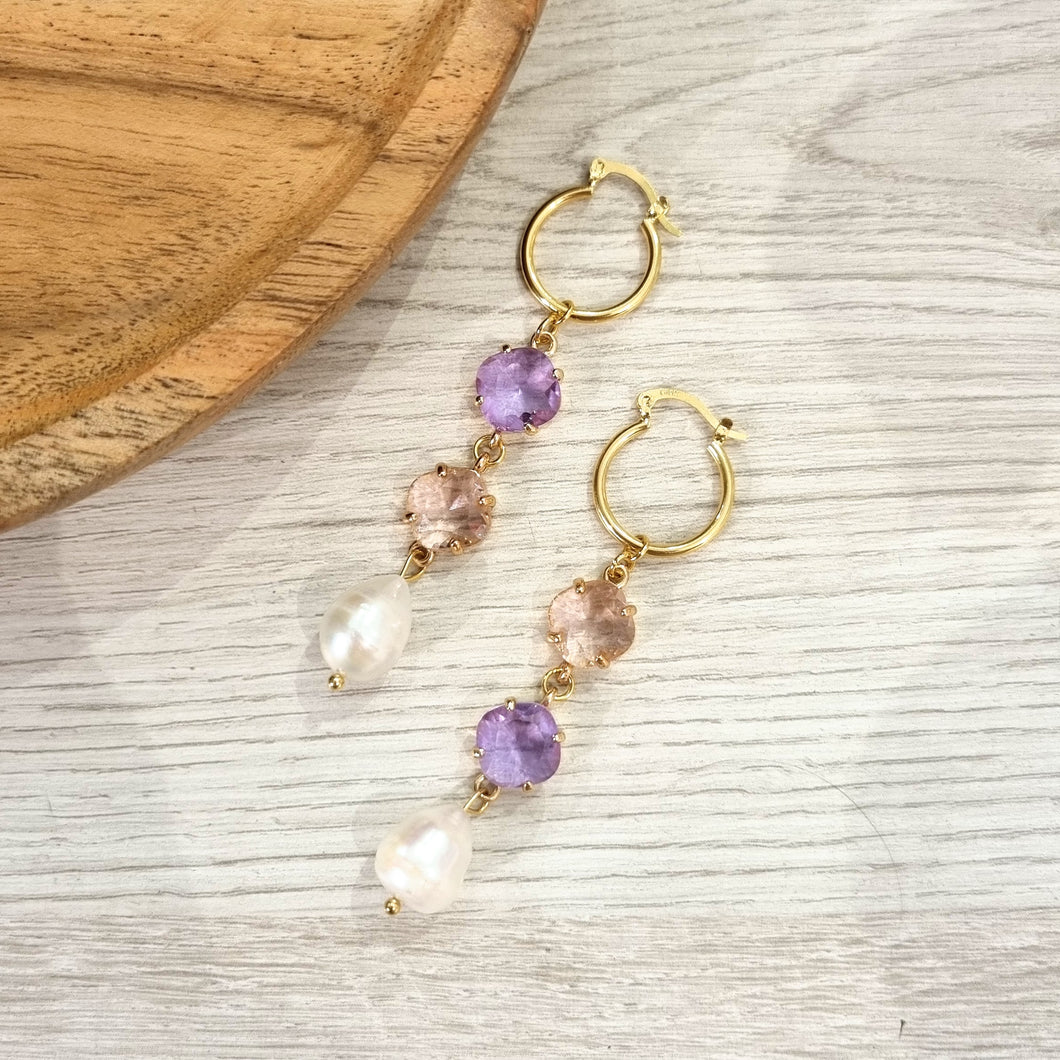 Aretes Chapa de Oro Lila con Rosa
