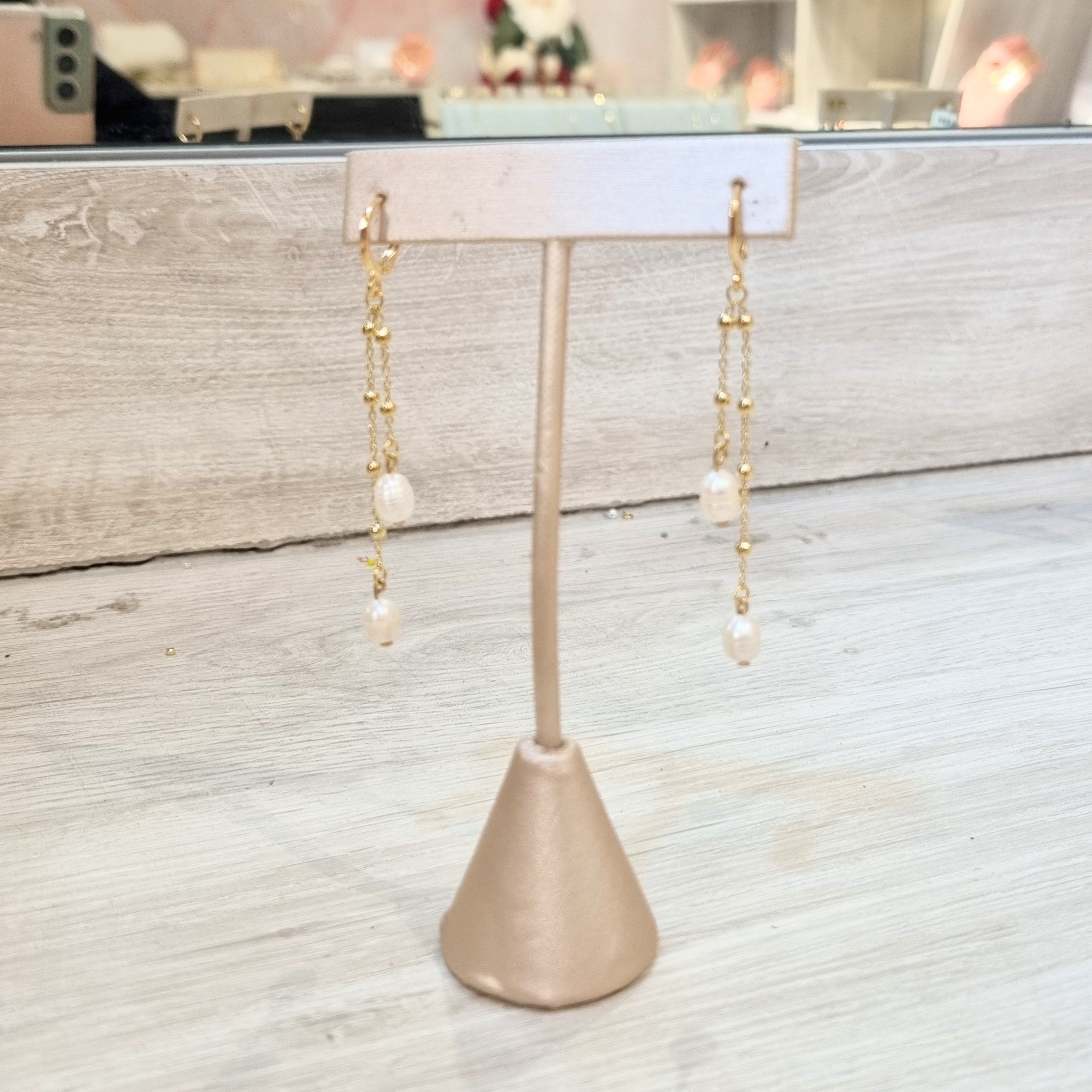 Aretes Chapa de Oro 2 Cadenas y Perlas