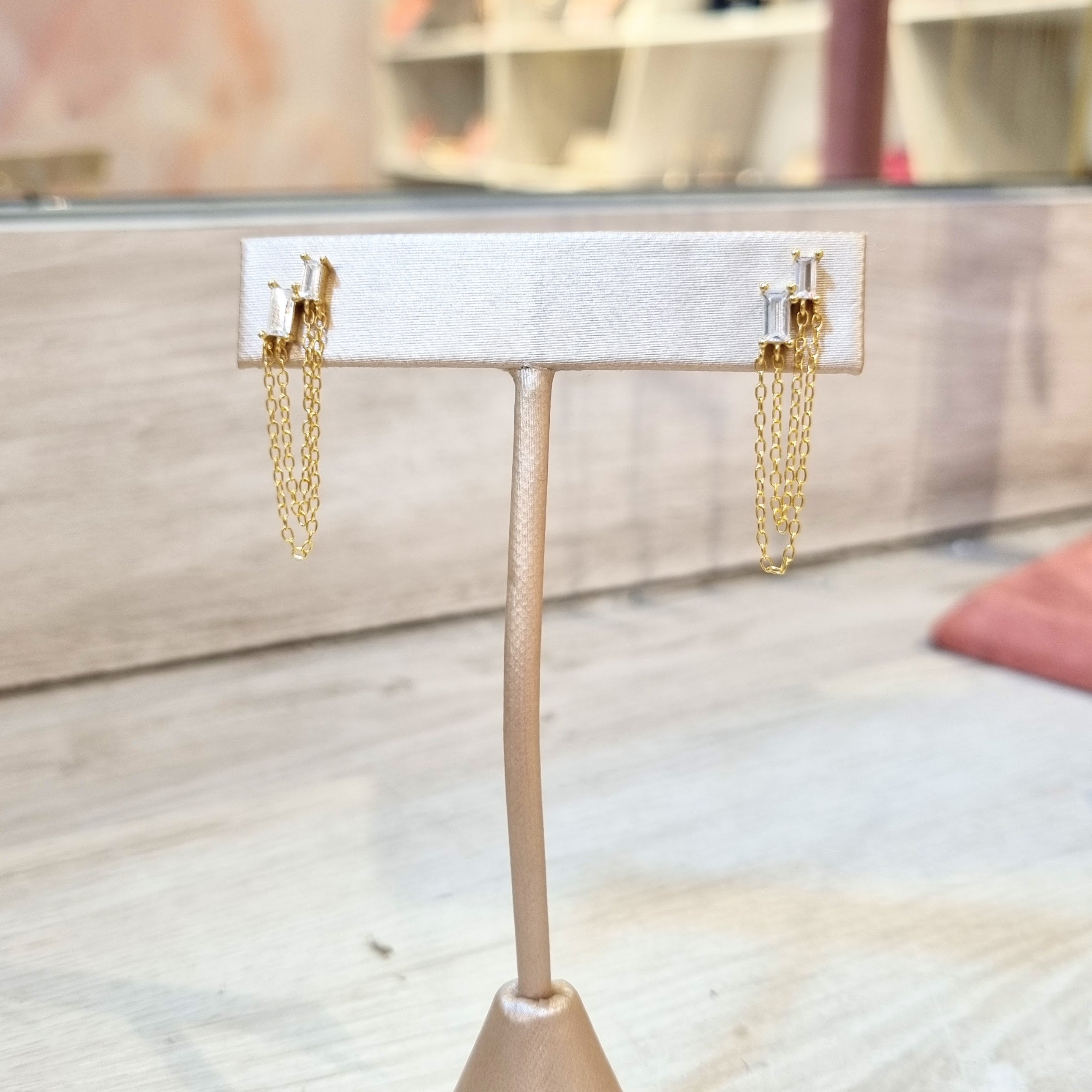 Aretes Plata 925 con Chapa de Oro Baguette con Cadena