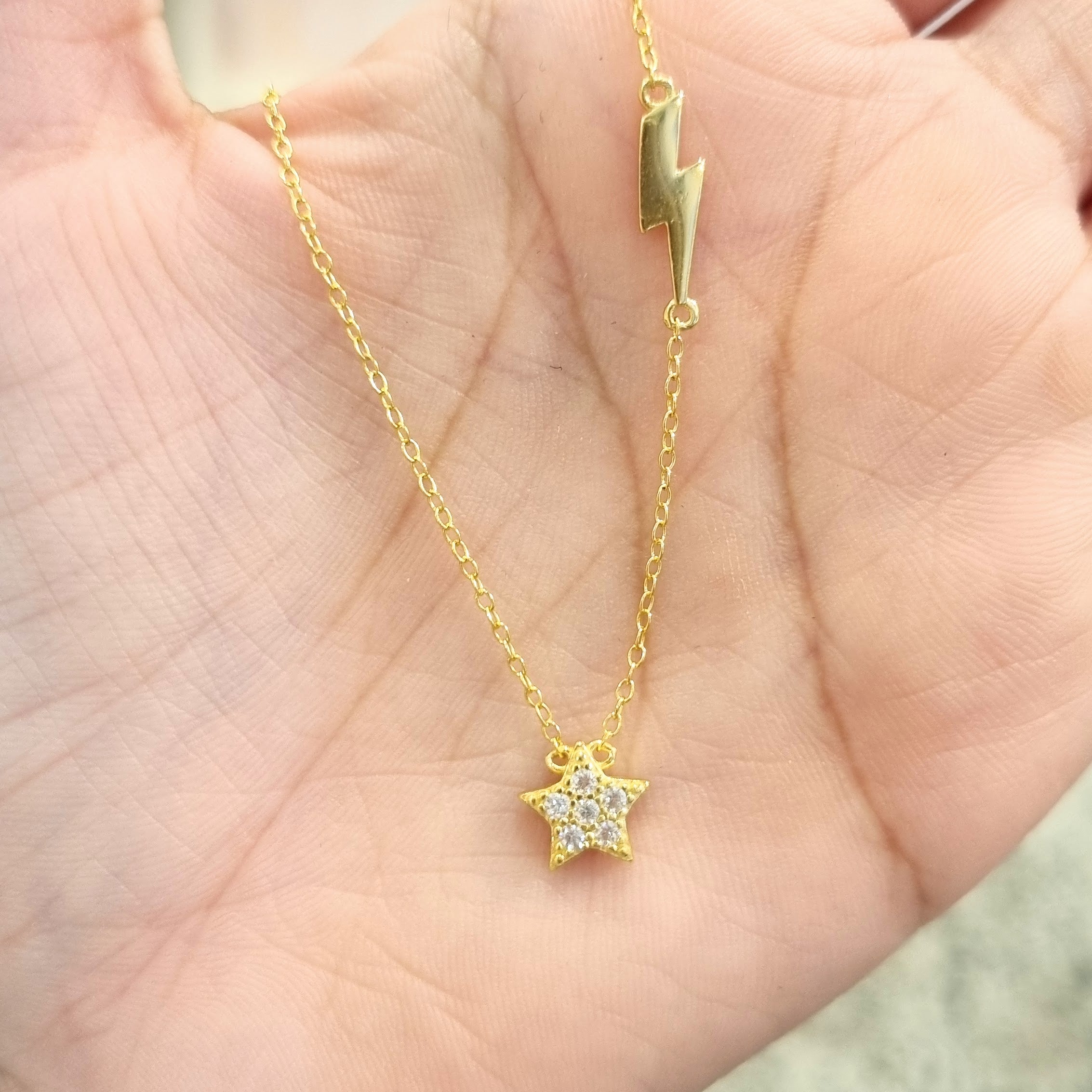 Collar Plata 925 con Chapa de Oro Rayo y Estrella Crist