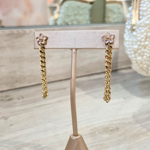 Aretes Acero Inoxidable Flor con Cadena Rosa