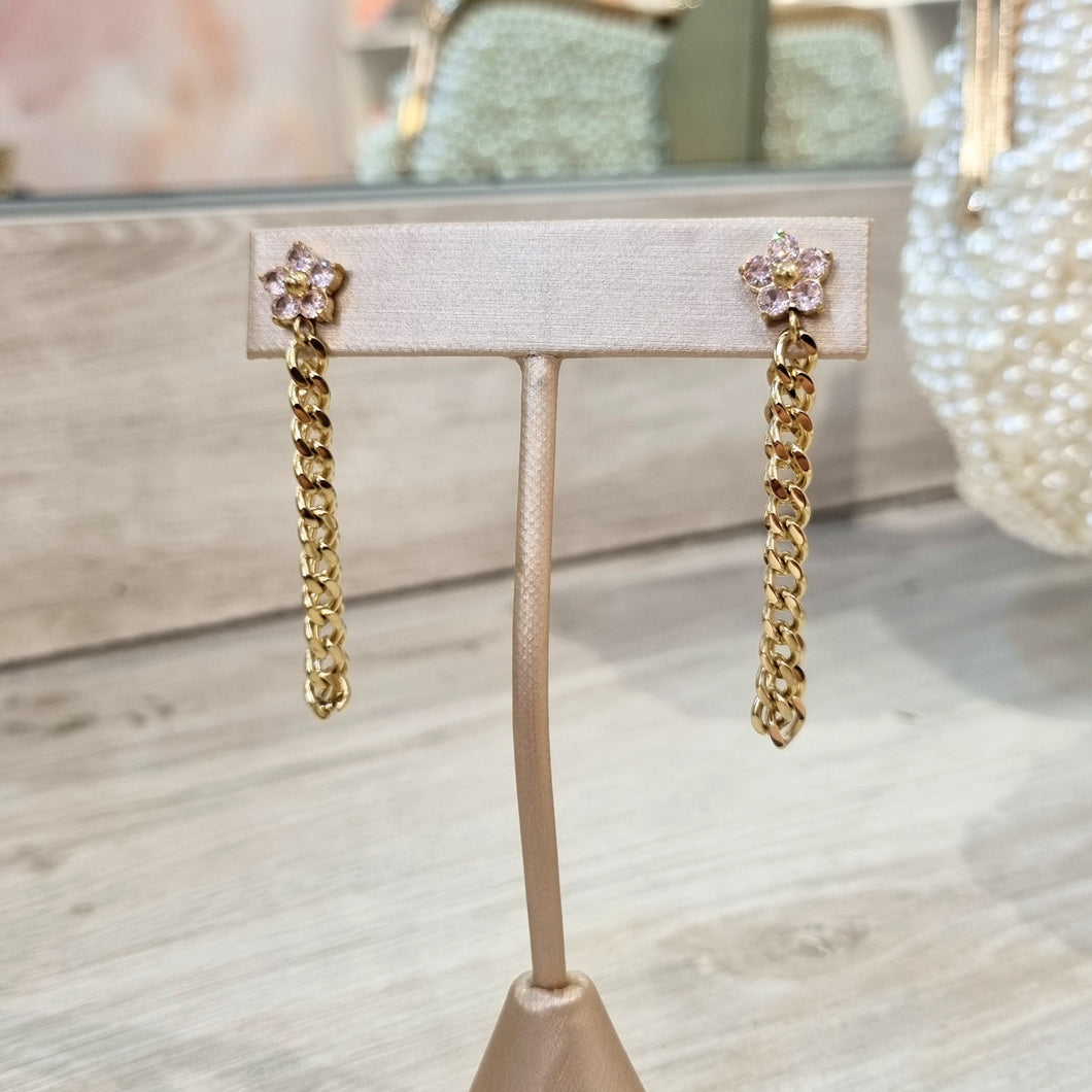 Aretes Acero Inoxidable Flor con Cadena Rosa
