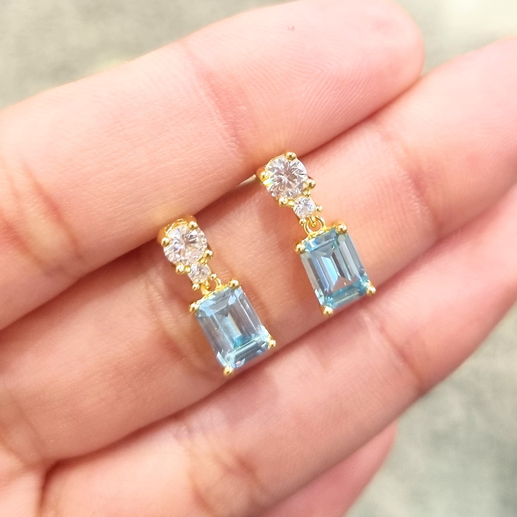 Aretes Plata 925 con Chapa de Oro con Celeste