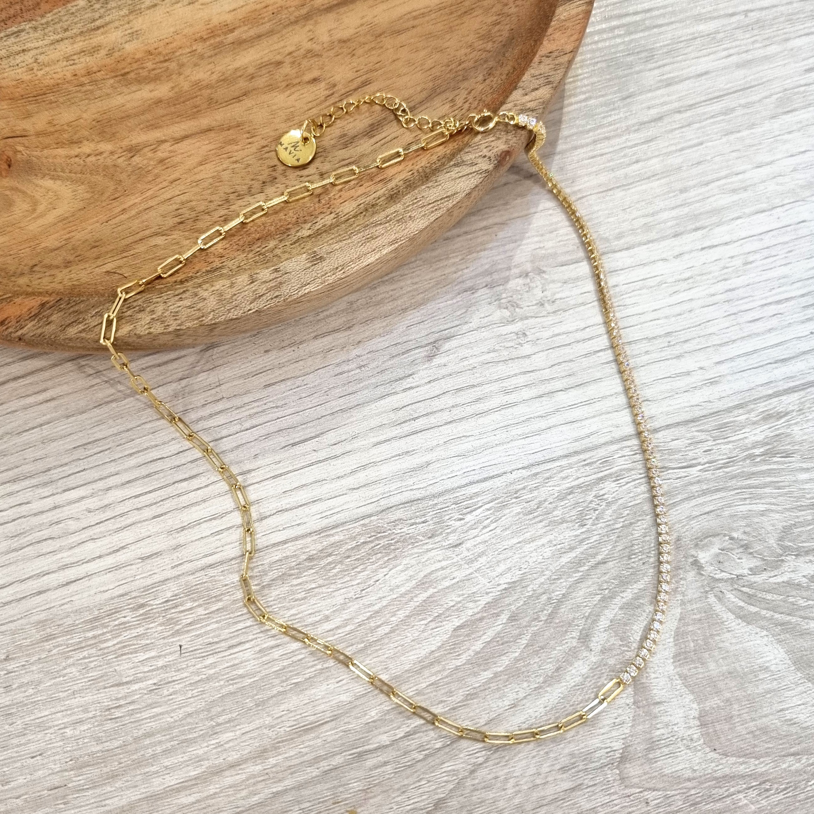 Collar Plata 925 con Chapa de Oro Eslabones y Tennis