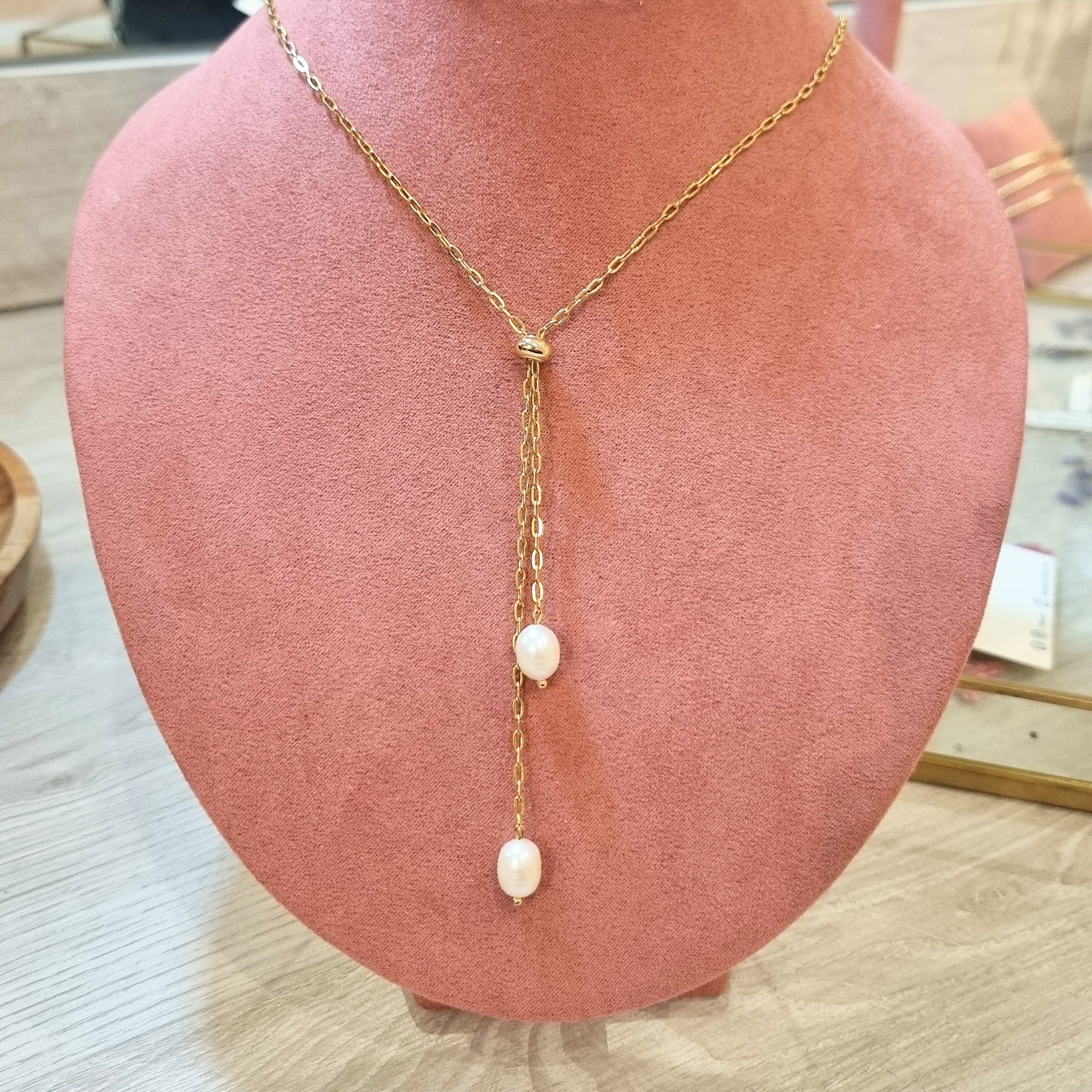 Collar Acero Inoxidable Ajustable con 2 Perlas