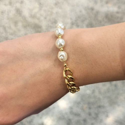 Pulsera Acero Inoxidable Perlas y Eslabón