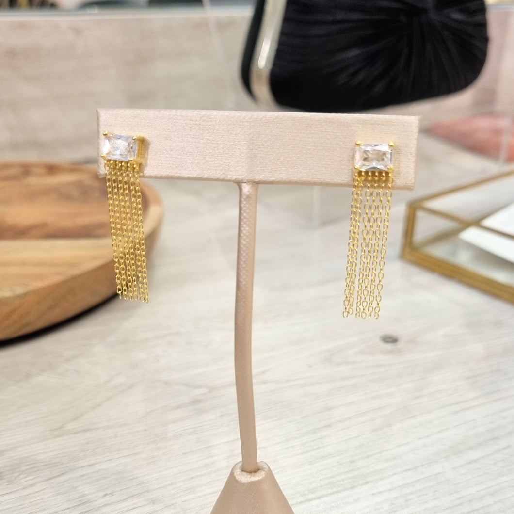 Aretes Plata 925 con Chapa de Oro Cadenas y Baguette