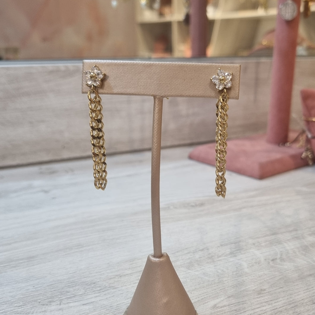 Aretes Acero Inoxidable Flor con Cadena Transparente