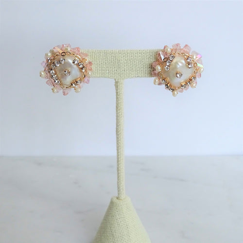 Aretes Dorados Chapa de Oro y Perlas con Rosa