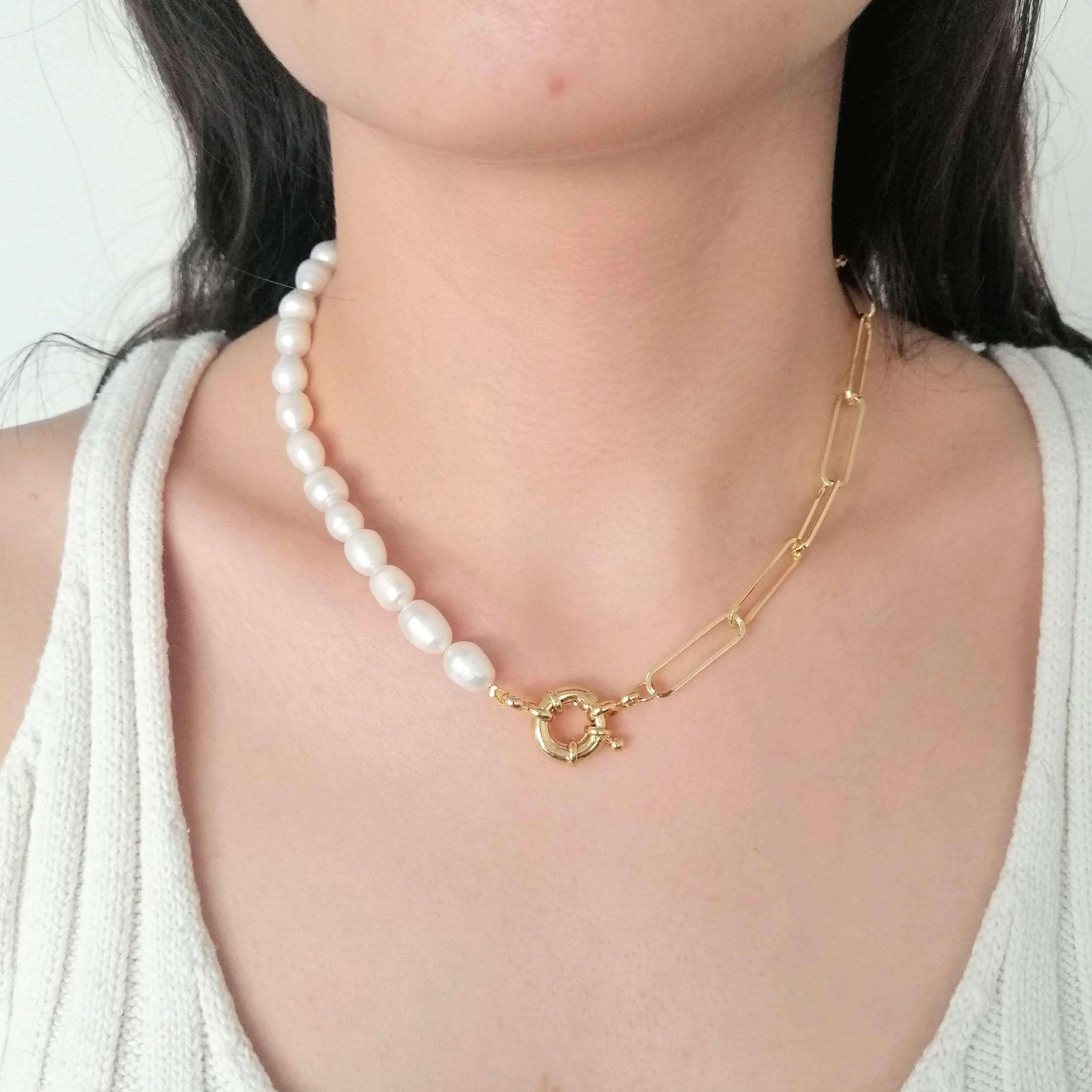 Collar de Perla de Rio y Cadena Eslabón