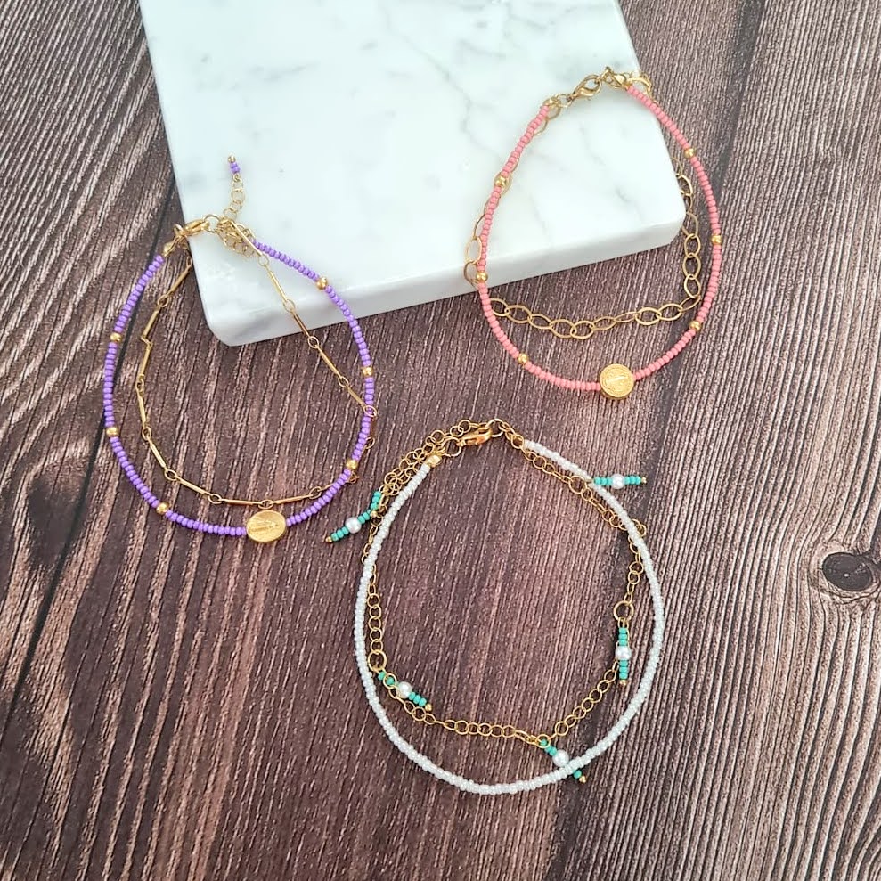 Tobilleras Cadena Chapa de Oro con Chaquira